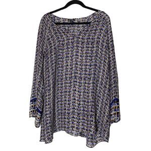 NIC+ZOE Geo Mosaic Print Blouse Size 2X Blue Orange Geometric V-Neck Top